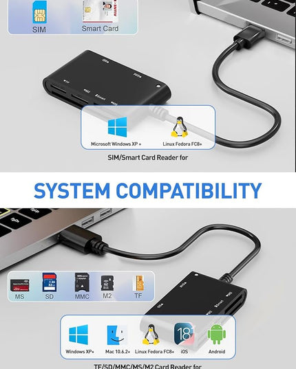 SIM Card Adapter for Computer - 7 in 1 CAC Smart Card Reader Military, MS Pro Duo/SD/TF/M2/ID/IC/PIV/SIM Card Reader, Memory Stick Pro Duo Adapter SIM Card Reader for Computer,PC,Windows,Linux,MacOS