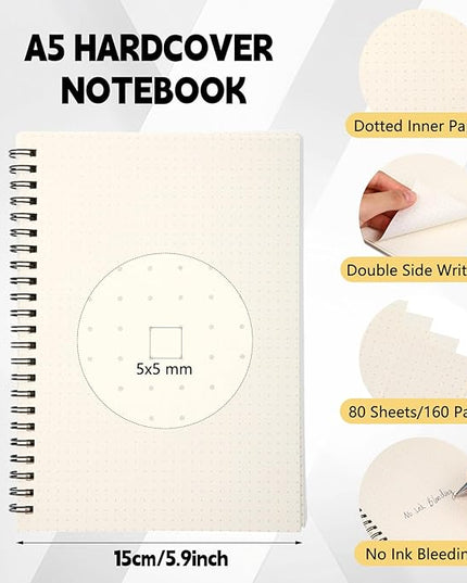 6 Pcs Spiral Notebooks Graph Paper & Bullet Dotted Paper A5 Journal Notepads, 5.7" x 8.3", 160 Pages, 80 Gsm Thick Paper, Plastic Cover Hardcover Waterproof(Dotted Paper)