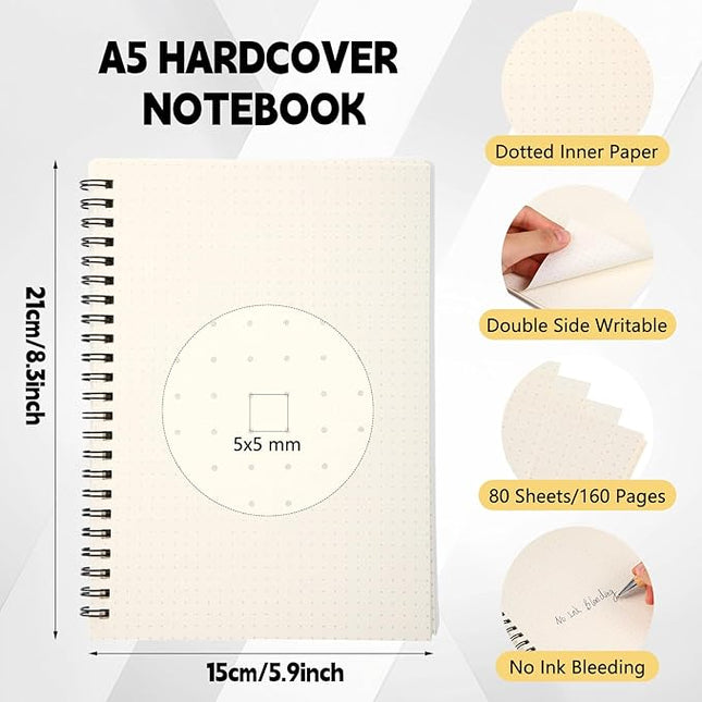 6 Pcs Spiral Notebooks Graph Paper & Bullet Dotted Paper A5 Journal Notepads, 5.7" x 8.3", 160 Pages, 80 Gsm Thick Paper, Plastic Cover Hardcover Waterproof(Dotted Paper)