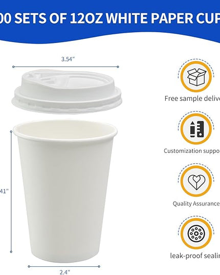 100 Pack 12oz Disposable Coffee Cups With Lids straws sleeves, Disposable cups, Paper Cup, Tea Cups for Hot To Go Coffee k cups with lids, Cupping set,Beverages, shop Home Office Party Travel