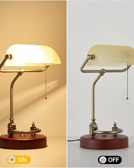 Bankers Lamp, Traditional White Desk Lamp with Solid Birch Wood Base, White Glass Antique Library Lamp with Pull Chain Switch, Plug in Vintage Bankers Desk Lamp for Office, Study Room 【E26 Socket】