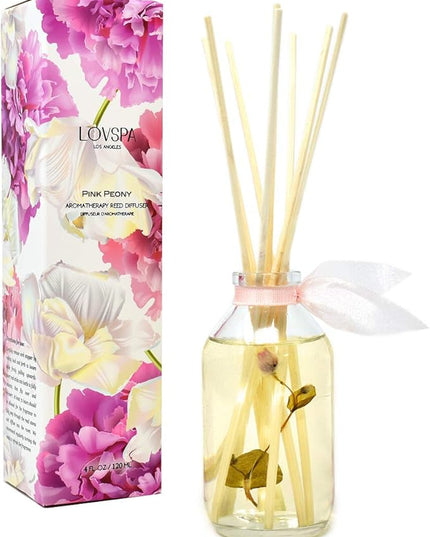 LOVSPA Reed Diffuser Set, Pink Peony Scented Oil Diffuser with Sticks, Home Fragrance Accessories for Bathroom Shelf Decor, Aroma Diffusers for Home or Office Desk, USA Made