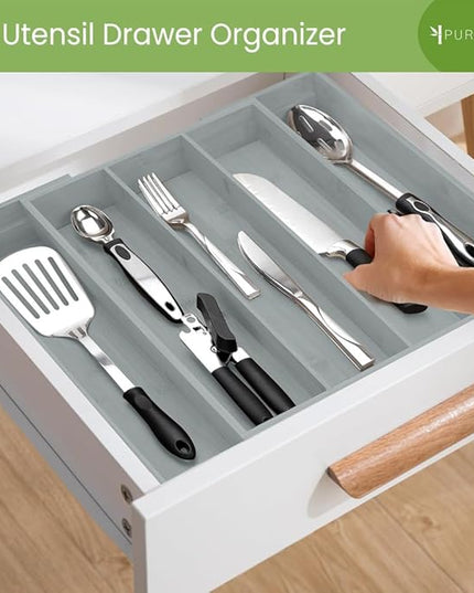 Purawood Kitchen Drawer Organizer - Expandable Utensil Drawer Organizer for Kitchen, Cutlery Tray & Silverware Organizer, 3-5 Slots - Bamboo Organizer for Utensils & Flatware (Grey)