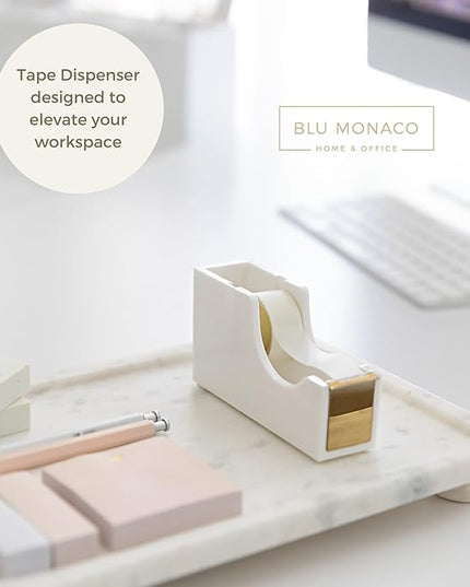 BLU MONACO White and Gold Tape Dispenser | Acrylic Desktop Tape Cutter with Smooth Blade & Weighted Non-Slip Base | Fits Standard & Large Rolls | Cute Desk Accessory for Office & Home