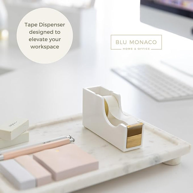 BLU MONACO White and Gold Tape Dispenser | Acrylic Desktop Tape Cutter with Smooth Blade & Weighted Non-Slip Base | Fits Standard & Large Rolls | Cute Desk Accessory for Office & Home