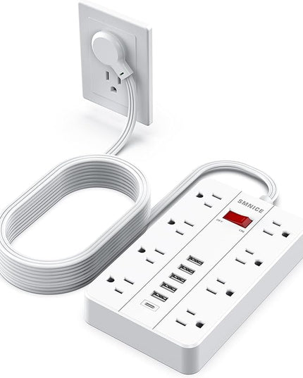 Flat Plug Extension Cord 15 Ft, SMNICE Surge Protector Power Strip with 8 Widely Spaced Outlets and 6 USB(1USB C) Ports, Wall Mount Long Charging Station for Dorm Home, Office Accessories, White