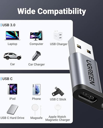 UGREEN USB to USB C Adapter 2 Pack,10Gbps USB C Female to USB Male Adapter Thunderbolt Compatible with iPhone 16 15, MacBook, iPad, Samsung Galaxy,Apple MagSafe Watch 9/8