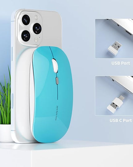 Uciefy Q5 Slim Rechargeable Wireless Mouse, 2.4G Optical Silent Ultra Thin Wireless Computer Mouse with USB Receiver and Type C Adapter, Compatible with PC, Laptop, Desktop (Blue)