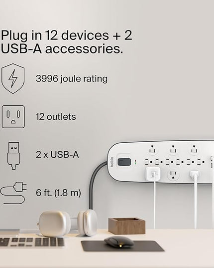 Belkin USB Power Strip Surge Protector - 12 AC Multiple Outlets & 2 USB Ports - 6 ft Long Flat Plug Extension Cord for Home, Office, Travel, Computer Desktop & Charging Brick - White (3,996 Joules)