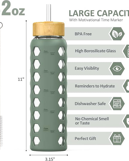 MUKOKO 32oz Glass Water Bottles with 2 Lids-Handle Spout Lid&Bamboo Straw Lid, Motivational Water Tumbler with Time Marker Reminder and Silicone Sleeve, Leakproof-Olive-1 Pack