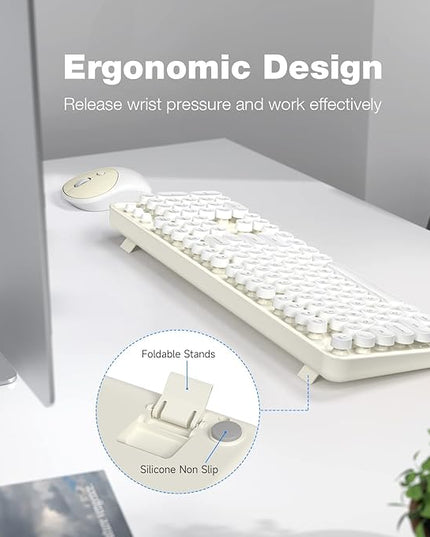 MOFII Wireless Keyboard and Mouse Combo, Computer Full Size 2.4G Plug and Play Wireless Typewriter Retro Round Keyboard and Mouse Set for Windows, Computer, Desktop, PC, Notebook - (Off White)