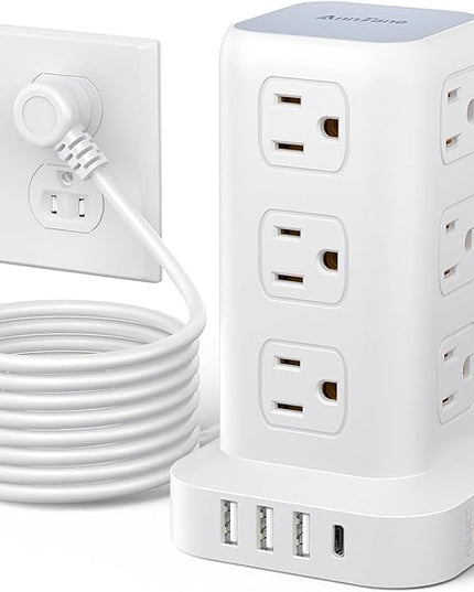 Surge Protector Power Strip 10 FT Cord, Power Strip Tower with 4 USB Ports (1USB C), Extension Cord with 12 AC Multiple Outlets, Home Office Supplies Desk Accessories, Dorm Room Essentials