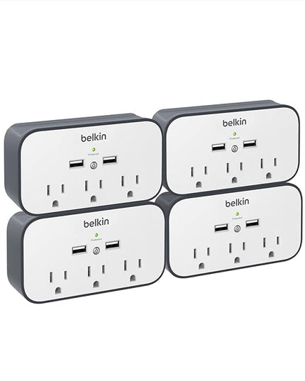 Belkin Wall Mount Surge Protector - 3 AC Multiple Outlet Extender & 2 USB Ports - Flat Rotating Plug Wall Mount Cradle for Home, Office, Travel, Computer Desktop & Charging Brick (540 Joules) - 4 Pack