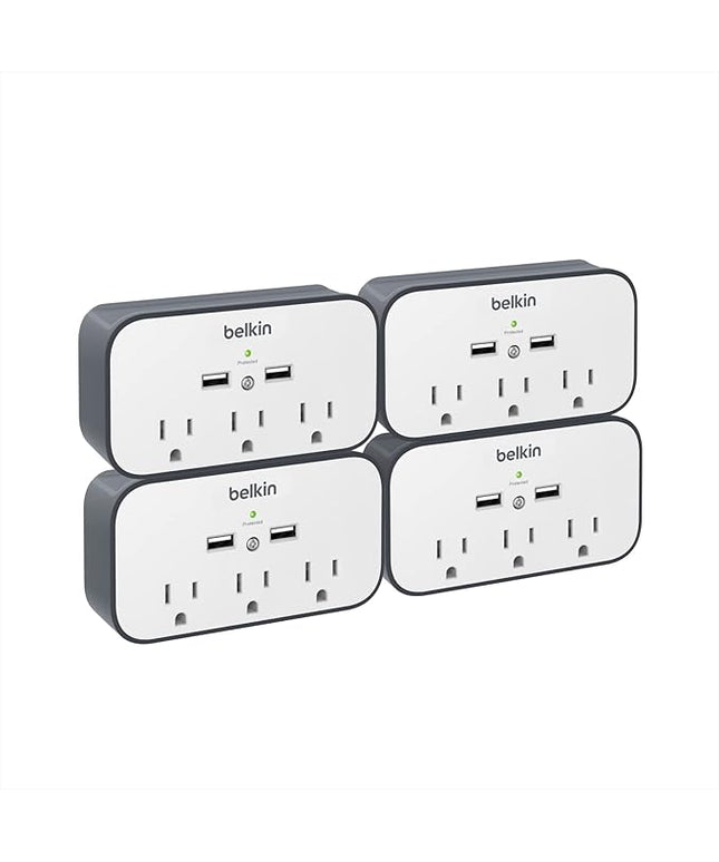 Belkin Wall Mount Surge Protector - 3 AC Multiple Outlet Extender & 2 USB Ports - Flat Rotating Plug Wall Mount Cradle for Home, Office, Travel, Computer Desktop & Charging Brick (540 Joules) - 4 Pack