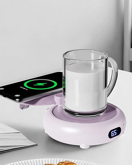 Coffee Mug Warmer for Desk, 3 Heating Setting 2-in-1 Rechargeable Mug Warmer ＆ Phone Chargers Timing Coffee Heater for Desk Home Office