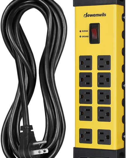 DEWENWILS 10-Outlet Metal Surge Protector Power Strip with 15Ft Cord, UL Listed, Flat Plug, 15A Circuit Breaker, 1440Joules, Heavy Duty Industrial Power Strip for Garage, Workshop, Wall Mountable