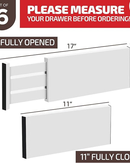 6 Pack Drawer Dividers 6 Inch High, 11”-17" Adjustable Bamboo Organizers Large Expandable Drawer Separators for Cloths, Dresser, Bedroom, Bathroom, Baby Drawer, Office & Kitchen Utensils (White)