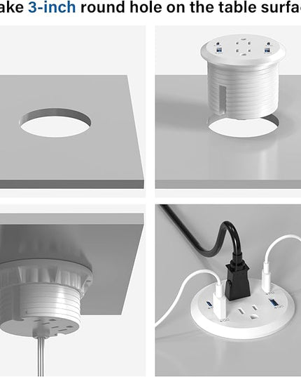 Jgstkcity Power Strip,Flush Mount Recessed Power Grommet,65W USB C Fast Charging,3-Inch Hole, 4 Outlets & 4 Ports, Ideal for Desktop & Countertop Outlet,Dual-Sided (White, 10FT)