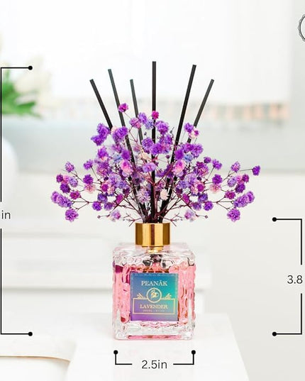PEANÄK Lavender Reed Diffuser Set with Real Preserved Flowers - 6.7oz Long Lasting Essential Oil Scent for Home, Bathroom & Office Decor