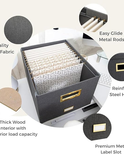 BLU MONACO Grey Linen Hanging File Box with Lid | Portable Paper Organizer Storage for Letter & Legal Folders | Collapsible MDF File Storage with Gold Handles and Label Holder