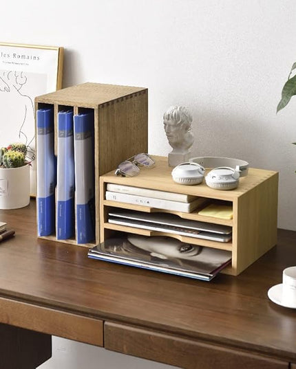 KIRIGEN Wooden Desktop Organizer Paper Storage Letter Tray File Sorter - Desk Rack Magazine File Dividers Holders for Home Office Accessories Wood Desk Cabinet with 3 Layer Trays Natural(3KWJG-NA)
