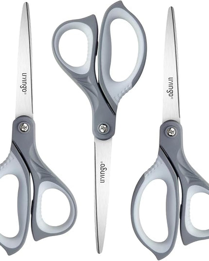 LIVINGO 3 Pack Scissors for Office: Sharp Stainless Steel Shears Heavy Duty All Purpose for Cutting Crafting Paper Fabric, Gray Comfort Handles, 8.5 Inches