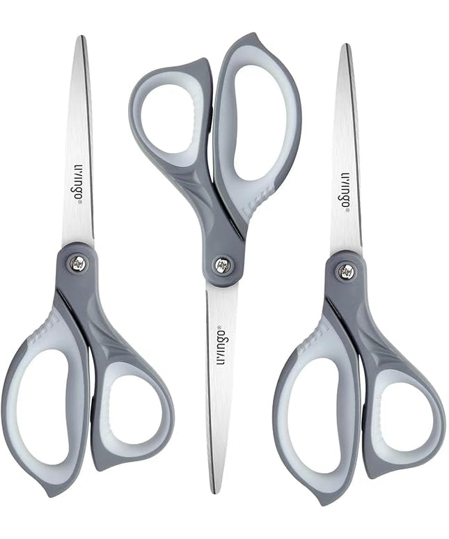 LIVINGO 3 Pack Scissors for Office: Sharp Stainless Steel Shears Heavy Duty All Purpose for Cutting Crafting Paper Fabric, Gray Comfort Handles, 8.5 Inches