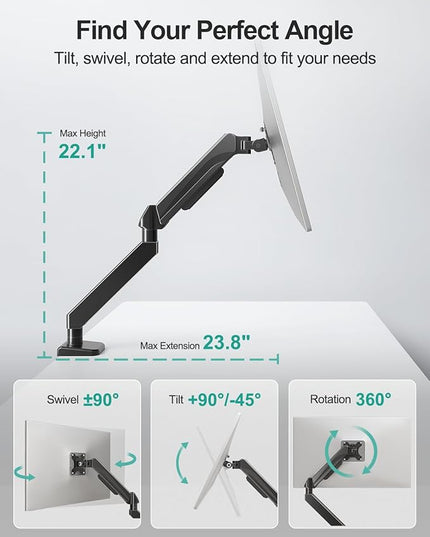 MOUNT PRO Ultrawide Single Monitor Arm for 22"- 42" Screens, Monitor Desk Mount Stand Holds 4.4-33 lbs, Heavy Duty Height Adjustable Vesa Mount, with C Clamp & Grommet Base