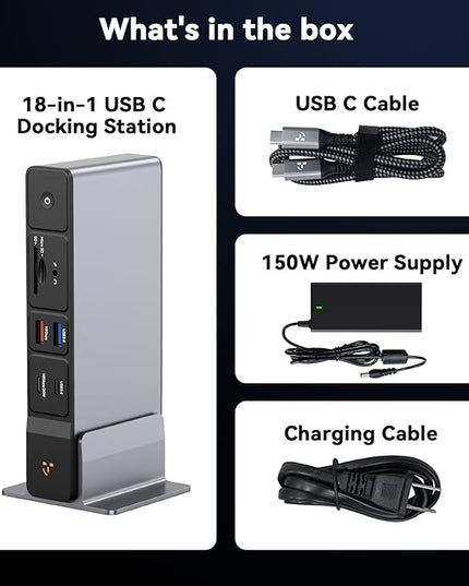 TobenONE USB C Docking Station 3 Monitors, 18-in-1 Triple 4K Display, 150W Power Adapter with 20W Fast Charging, 8 USB Ports up to 10Gbps, 2 HDMI/DP/USB C, for Windows/Chrome OS