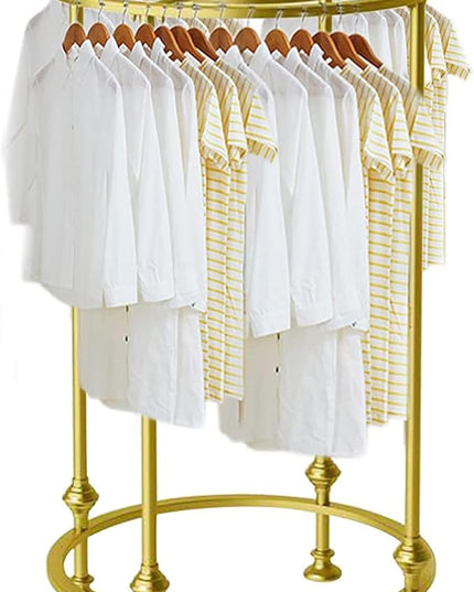 Freestanding Round Garment Display Retail Rack, Floor-Standing Double Space Multi-Purpose Metal Shelf for Clothes Storage, Commercial Clothing Organizer in Retail Boutiques and Bedroom