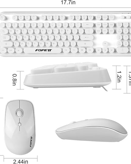 FOPETT Wireless Keyboard and Mouse Combo - 2.4G Full-Sized White Keyboard with Round Keycaps 104 Keys Typewriter Keyboard for Laptop/Windows/PC - White