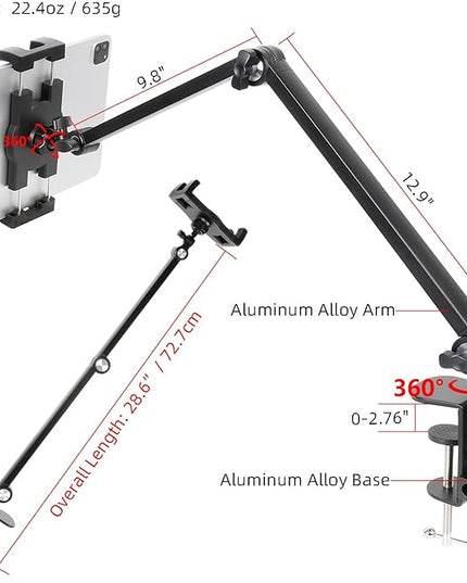 ZUZUXI iPad Desk Mount, Adjustable Foldable Tablet Aluminum Arm, 360° Rotation, Tablet Stand Holder for Bed, Fits 4.7"-15" iPad Pro/Air/Mini, Phones, Galaxy Tab, Portable Monitor