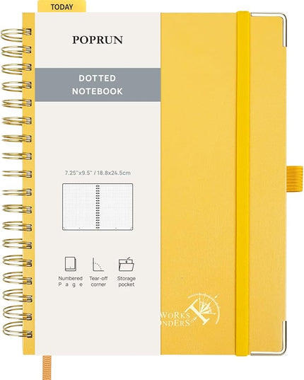 POPRUN Spiral Bullet Dotted Journal Notebook, 7-1/4" x 9-1/2" - 120 GSM Thick Paper, 220 Numbered Pages, Hardcover for Men & Women with Pocket, Index Tabs, 8 Perforated Sheets, Light Yellow
