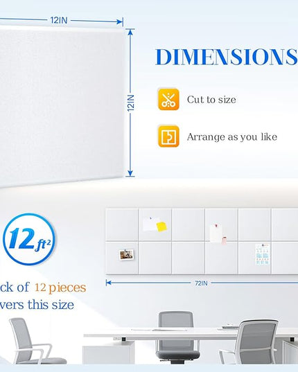 DOLLAR BOSS Large Cork Board for Wall 48" x 36" x 0.5" Bulletin Board 12 Packs Corkboard Tiles Self Adhesive Felt Wall Tiles for Office Home School, White
