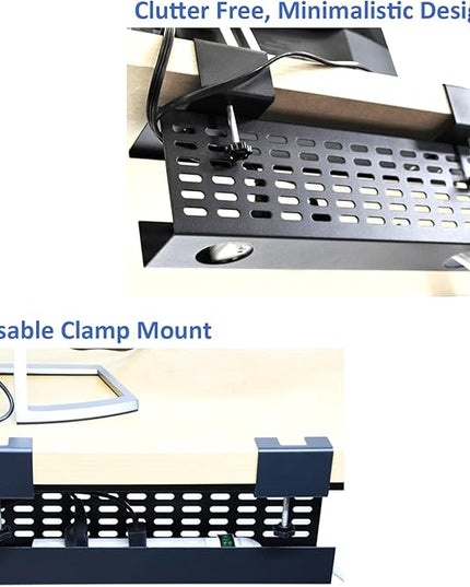 AEONS Under Desk Cable Management Tray Black Horizontal 16-inch Under Desk Removable C Clamp Mount Computer Cord Raceway and Modesty Panel