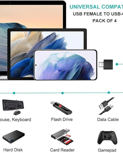 USB C to USB Adapter 4 Pack, USB Female to Type C Male OTG Adaptor, USB C Adapter Compatible with MacBook Pro, Samsung Galaxy, Type-C Phones, Laptops, Tablets and More (Black)
