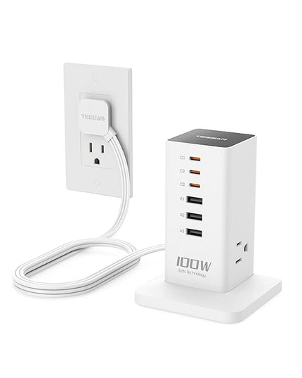 Charging Station PD 100W, TESSAN 9-in-1 USB C Power Strip for iPhone 17/16, MacBook, Tablet, Desktop Phone Fast Charger with 3 AC, 3 USB-A Ports, Home Drom Office Accessories, White