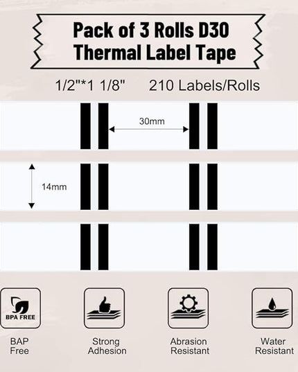 Phomemo D30 Label Tape, for D30 D35 Q30 Q30S Label Maker, Black on Transparent Clear Sticker Thermal Paper Self-Adhesive Label Maker Tape, 14mm x 30mm (0.55 x 1.18 Inch) 210 Labels/Roll, 3-Roll