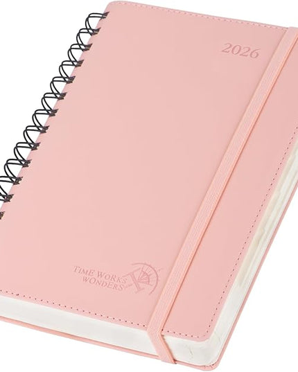 POPRUN 2026 Daily Planner One Page per Day (Medium 6'' x 8.5'') - 12 Months Calendar Appointment Book with Hourly Slots, Inner Pocket, Monthly Tabs, Pen Holder - Soft Pink