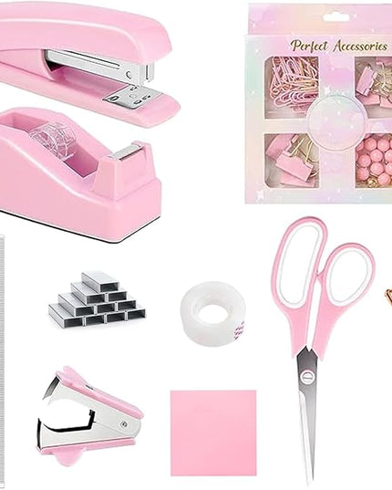 Office Supplies Set,Desk Accessories,Stapler and Tape Dispenser Set,1000 Staples,Staple Remover,Hinder Clips,Ruler,Scissor,Clear Tape,Ballpoint Pen,Sticky Notes,Gifts for Colleagues(Pink)