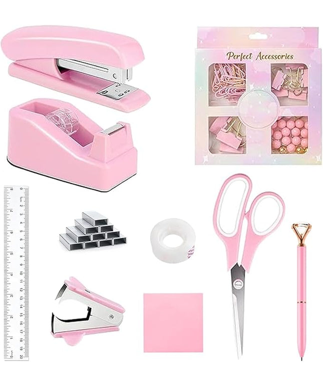 Office Supplies Set,Desk Accessories,Stapler and Tape Dispenser Set,1000 Staples,Staple Remover,Hinder Clips,Ruler,Scissor,Clear Tape,Ballpoint Pen,Sticky Notes,Gifts for Colleagues(Pink)