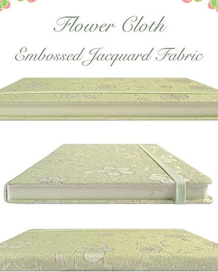 A5 Notebook, Ruled Paper, Lined Page, Hardcover, Layflat, Linen Cover, Flower Fabric, Journal for Women, Elastic Band Closure, Cute Notebooks for School, Office, Personal Writing, Green