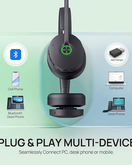 Yealink WH68 Hybrid with Charging Stand ANC Headsets, 492ft Rang DECT&Bluetooth Wireless Headset, Stereo Active Noise Cancellation (Teams,Zoom,UC) Headphones with 6X Mic,32H Call, Work for PC,Phone