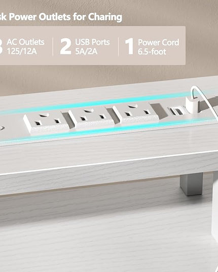 Furologee 47" White Computer Desk with 4 Fabric Drawers & Monitor Stand, Gaming Desk with Power Outlets - LED Lights, Home Office Space-Saving Study Table for Bedroom Small Spaces