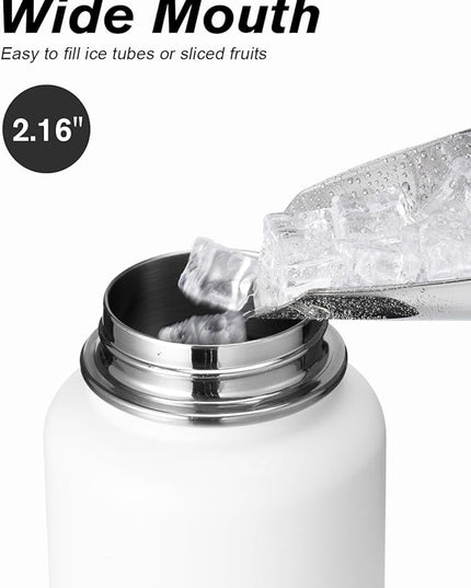 Coolflask Water Bottle 32 oz Insulated with Straw, Stainless Steel Metal 3 Lids Water Flask Wide Mouth for Sports or Office, Non-BPA Keep Cold Up to 48 Hrs or Hot Up to 24 Hrs, White