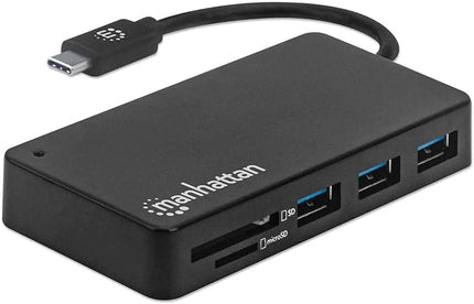 MANHATTAN USB-C Dock/Hub with Card Reader, 3x USB-A 3.2 Gen1, SD/MicroSD/MMC/USB Flash Drive Support, Black, Three Year Warranty
