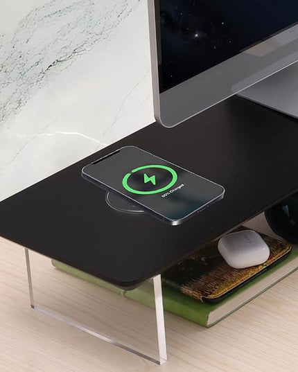 SUIBIAN Black Monitor Stand Riser with Wireless Charging 31.5Inch Large, Computer Monitor Stand,Wooden Desktop Organizer Shelf for Office Desk Computer,Laptop,TV (Black Oak)