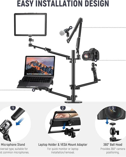 NEEWER Overhead Camera Stand Desk Mount Rig with 4 Boom Arms for Photography Video Light Ring Light Phone Mount Webcam Mic Compact DSLR for Live Streaming Broadcast Online Teaching Meeting, DS007