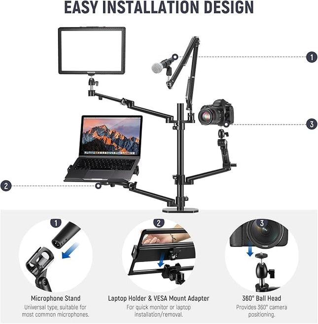 NEEWER Overhead Camera Stand Desk Mount Rig with 4 Boom Arms for Photography Video Light Ring Light Phone Mount Webcam Mic Compact DSLR for Live Streaming Broadcast Online Teaching Meeting, DS007