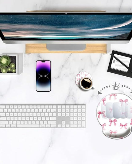 Ergonomic Mouse Pad with Wrist Support,Mouse Pad with Wrist Rest,Relieve Wrist Pain Mousepad Non-Slip Rubber Base,Mouse Pads for Desk,Computers,Laptop,Office,Home,Accessories Cute Pink Bow
